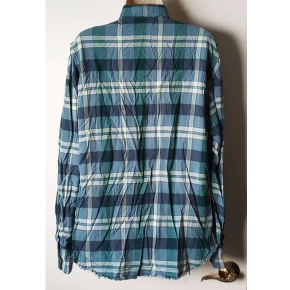Free People Oversized Raw Hem Button Down Shirt S Blue Plaid - Picture 3 of 8